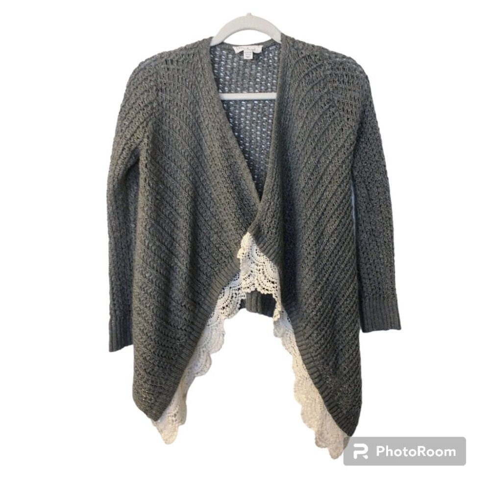Girl's Cloudchaser Gray Open Front Knit Lace Long Sleeve Cardigan Large 12/14